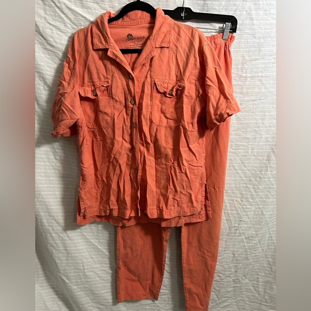 Cotton USA By George Hazopian Women’s 2 Piece Casual Peach Suit Made In USA Sz M